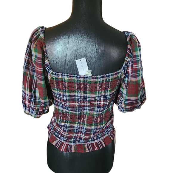 American Eagle Womens Plaid Puff Sleeve Smocked Crop Top Large - Picture 4 of 8